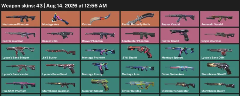 Valorant account inventory for LVL 67 · 43 Skins Reaver Butterfly Knife & Xenohunter Phantom