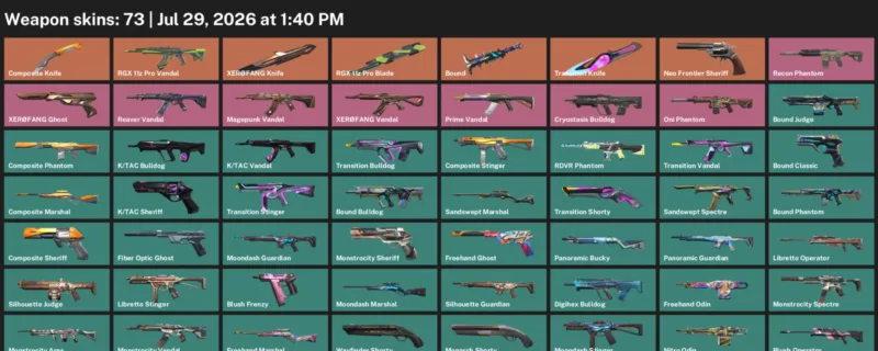 Valorant Accounts listing: LVL 144 · Composite Knife & RGX 11z Pro Blade · 73 Skins - Platinum 1, 73 skins