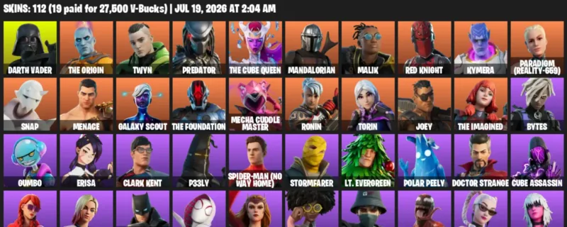 Fortnite Accounts listing: LVL 1986 - Darth Vader - The Origin - 112 Outfits - 112 outfits