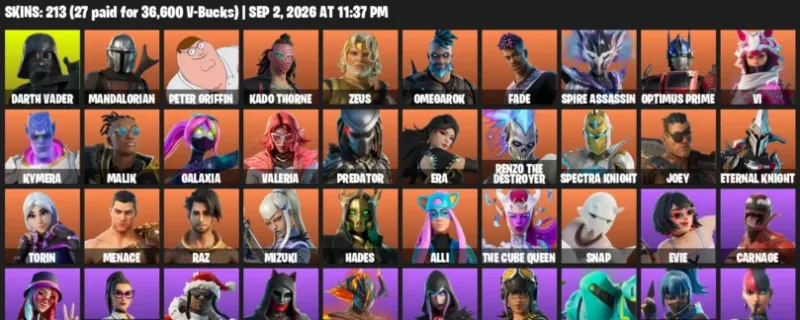 Fortnite account inventory for LVL 3559 - Darth Vader - Mandalorian - 213 Outfits