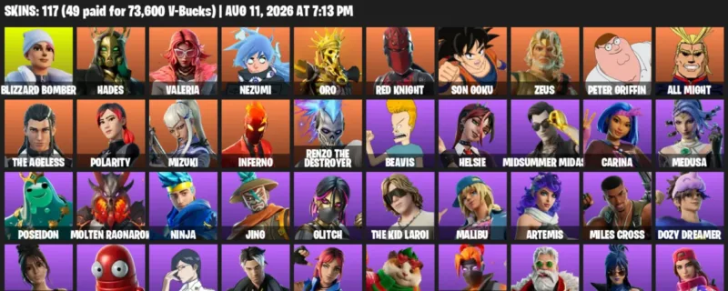 Fortnite account inventory for LVL 1358 - Blizzard Bomber - Hades - 117 Outfits