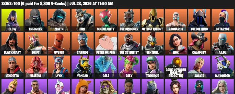 Fortnite Accounts listing: LVL 1159 - Glow - Enforcer - 100 Outfits - 100 outfits