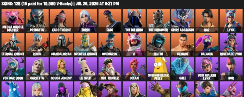 Fortnite Accounts listing: LVL 2151 - Mecha Cuddle Master - Predator - 128 Outfits - 128 outfits