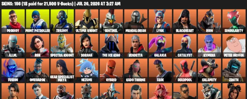 Fortnite Accounts listing: LVL 2574 - Prodigy - Point Patroller - 156 Outfits - 156 outfits