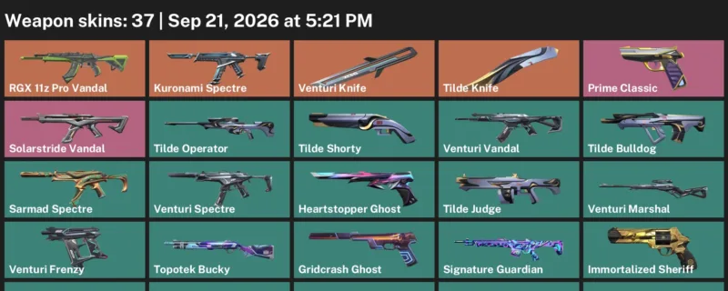 Valorant account inventory for LVL 139 · Venturi Knife & 37 Skins Tilde Knife