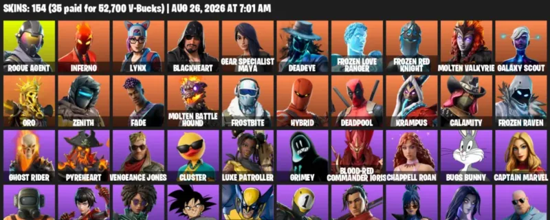 Fortnite account inventory for LVL 1291 - Rogue Agent - Inferno - 154 Outfits