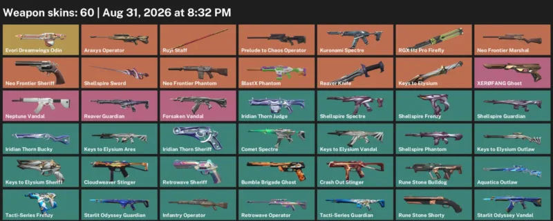 Valorant account inventory for LVL 84 · 60 Skins Reaver Knife & Reaver Knife & Shellspire Sword
