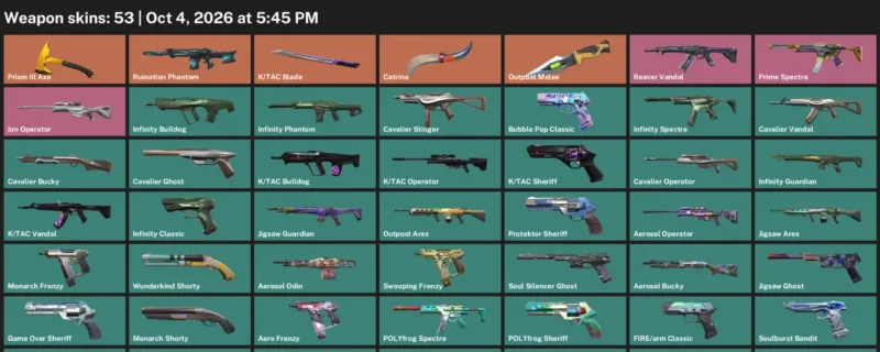 Valorant account inventory for LVL 180 · Tac Blade & Aerosol Operator