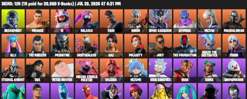 Fortnite Accounts listing: LVL 2177 - Breakpoint - Menace - 126 Outfits - 126 outfits