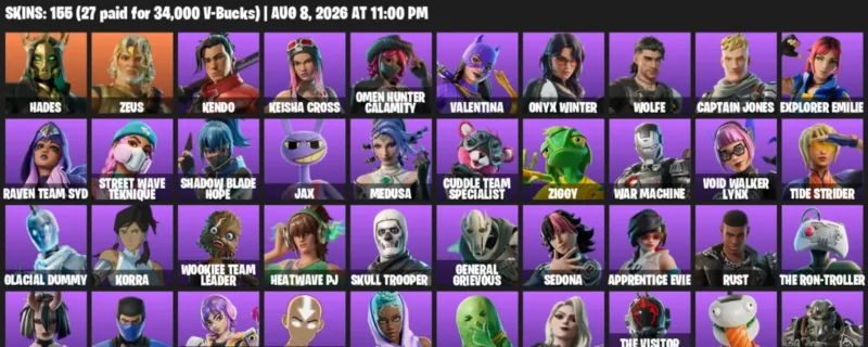 Fortnite account inventory for LVL 2465 - Hades - Zeus - 155 Outfits