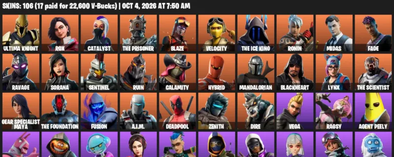 Fortnite account inventory for Ultima Knight - Rox - 106 Outfits