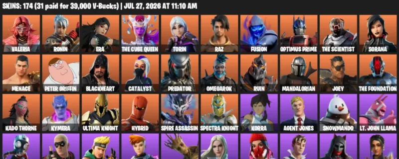 Fortnite Accounts listing: LVL 3059 - Valeria - Ronin - 174 Outfits - 174 outfits