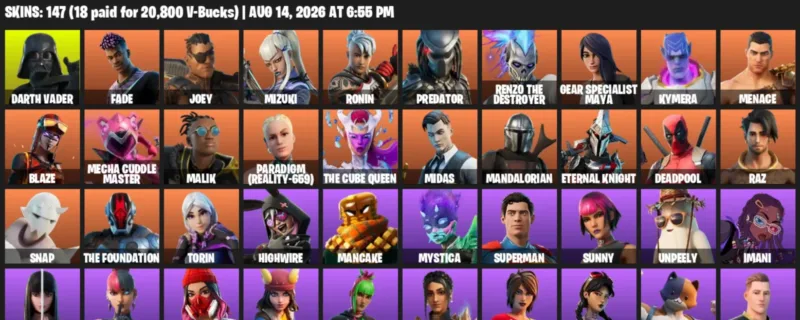 Fortnite account inventory for LVL 3421 - Darth Vader - Fade - 147 Outfits