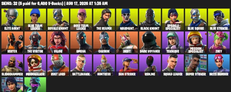 Fortnite account inventory for LVL 336 - Elite Agent - Blue Team Leader - 32 Outfits