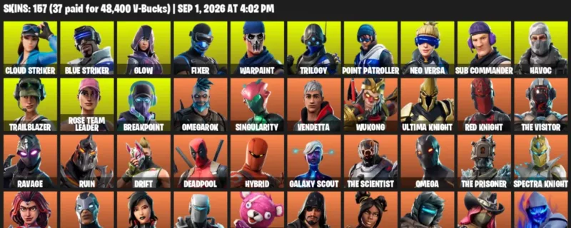 Fortnite account inventory for LVL 2206 - Cloud Striker - Blue Striker - 157 Outfits