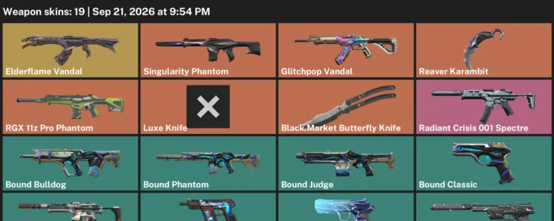 Valorant account inventory for LVL 50 · Reaver Karambit & Elderflame Vandal