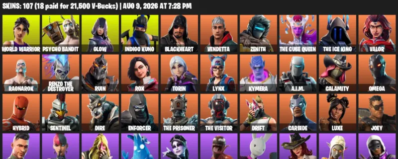 Fortnite account inventory for LVL 1496 - World Warrior - Psycho Bandit - 107 Outfits
