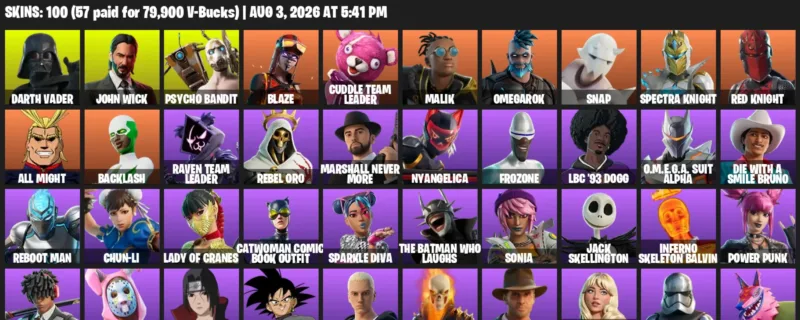 Fortnite account inventory for LVL 599 - Darth Vader - John Wick - 100 Outfits