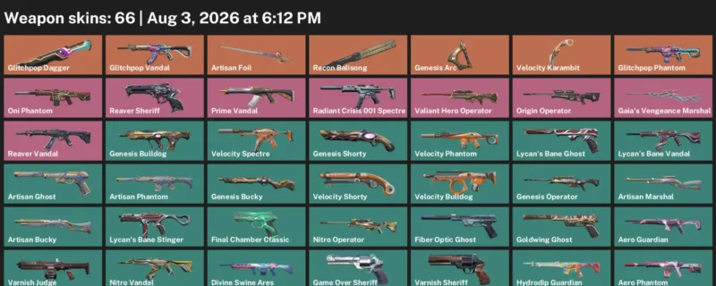 Valorant account inventory for LVL 186 · Glitchpop Dagger & Velocity Karambit