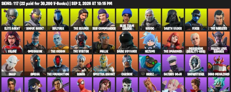 Fortnite account inventory for LVL 1660 - Elite Agent - Rogue Agent - 117 Outfits