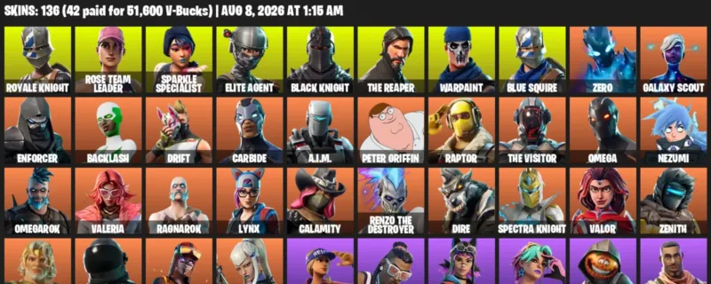Fortnite account inventory for LVL 1828 - Royale Knight - Rose Team Leader - 136 Outfits