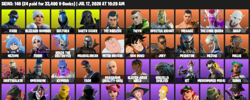 Fortnite Accounts listing: LVL 2159 - Fixer - Blizzard Bomber - 146 Outfits - 146 outfits