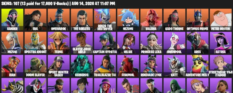 Fortnite account inventory for LVL 1082 - Xander - Era - 107 Outfits