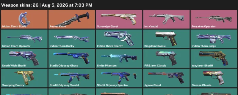 Valorant account inventory for LVL 180 · Iridian Thorn Blade & Reaver Knife & Ion Vandal