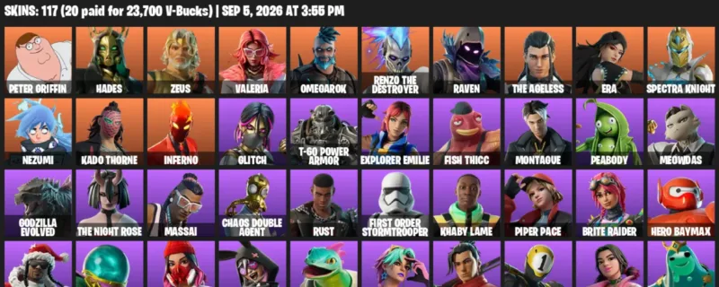 Fortnite account inventory for LVL 2294 - Peter Griffin - Hades - 117 Outfits