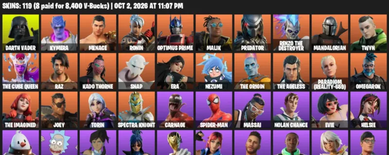 Fortnite account inventory for Darth Vader - Kymera - 119 Outfits