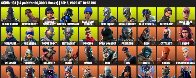 Fortnite account inventory for LVL 2018 - Black Knight - Travis Scott - 131 Outfits