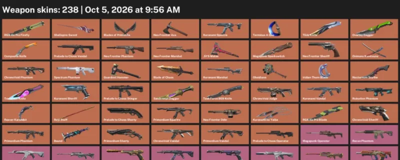 Valorant account inventory for LVL 267 · Reaver Karambit & Nocturnum Scythe