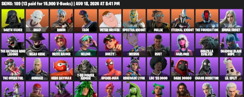Fortnite account inventory for LVL 1231 - Darth Vader - Snap - 109 Outfits