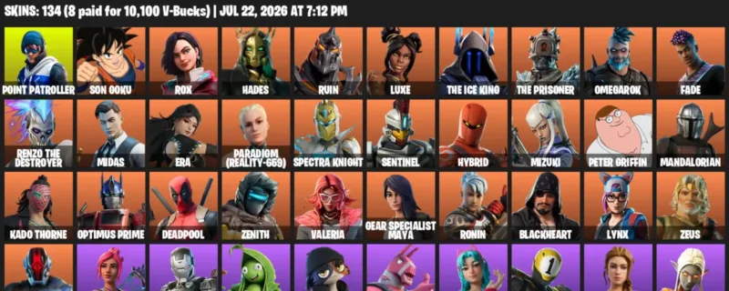 Fortnite Accounts listing: LVL 1947 - Point Patroller - Son Goku - 134 Outfits - 134 outfits