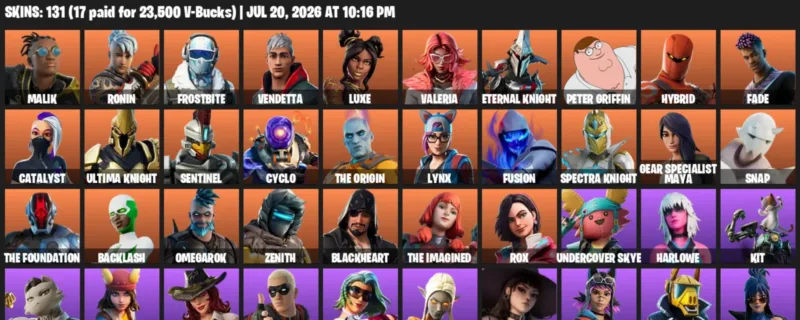 Fortnite Accounts listing: LVL 2045 - Malik - Ronin - 131 Outfits - 131 outfits