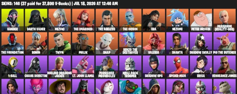 Fortnite Accounts listing: LVL 1990 - Xander - Darth Vader - 146 Outfits - 146 outfits