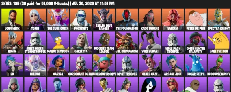 Fortnite Accounts listing: LVL 1528 - John Wick - Torin - 195 Outfits - 195 outfits