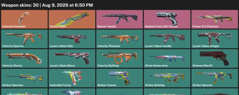 Valorant account inventory for LVL 82 · Striker Knife & Velocity Karambit & 30 Skins Striker Knife