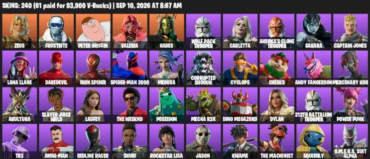 Fortnite account inventory for LVL 1035 - Zeus - Frostbite - 240 Outfits