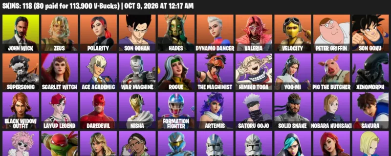 Fortnite account inventory for John Wick - Zeus - 118 Outfits