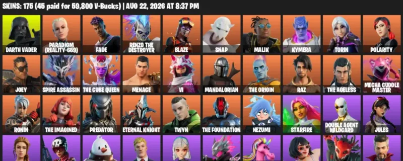 Fortnite account inventory for LVL 2299 - Darth Vader - Paradigm (Reality-659) - 175 Outfits