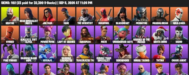 Fortnite account inventory for LVL 1569 - Kratos - Gear Specialist Maya - 102 Outfits