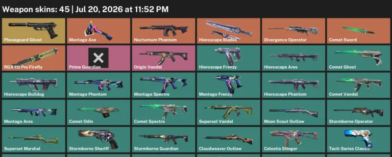 Valorant Accounts listing: LVL 99 · Comet Sword · 45 Skins - Silver 1, 45 skins