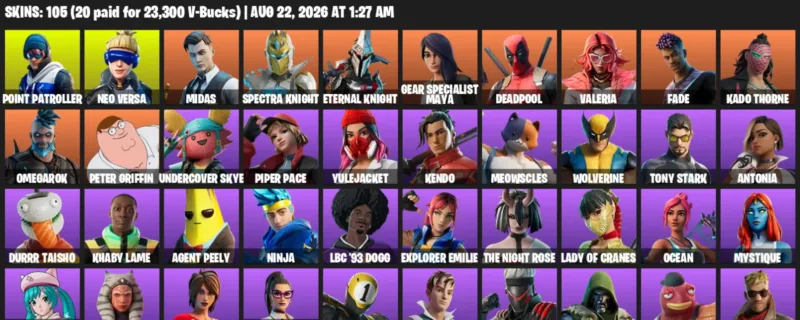 Fortnite account inventory for LVL 1617 - Point Patroller - Neo Versa - 105 Outfits