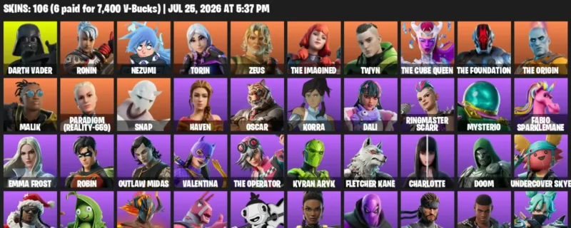 Fortnite Accounts listing: LVL 1443 - Darth Vader - Ronin - 106 Outfits - 106 outfits