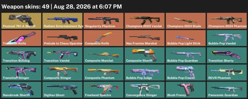 Valorant account inventory for LVL 126 · Champions 2024 Blade & Composite Knife