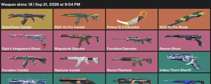 Valorant account inventory for LVL 26 · 2.0 Karambit & RGX 11z Pro Blade & Elderflame Vandal