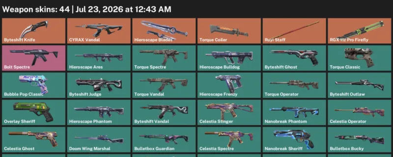 Valorant Accounts listing: LVL 105 · Byteshift Knife · 44 Skins - Bronze 1, 44 skins