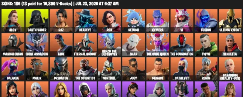 Fortnite Accounts listing: LVL 2941 - Aloy - Darth Vader - 186 Outfits - 186 outfits