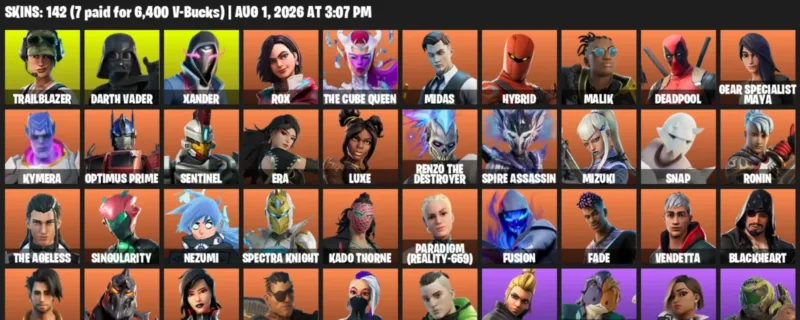 Fortnite account inventory for LVL 2206 - Trailblazer - Darth Vader - 142 Outfits